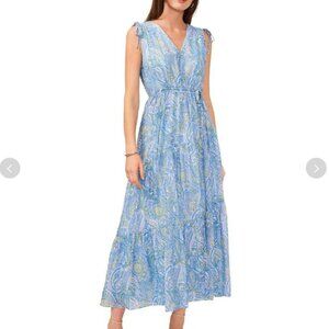 NEW Vince Camuto Womens S Printed V-Neck Sleeveless Airy Blue Midi Sundress